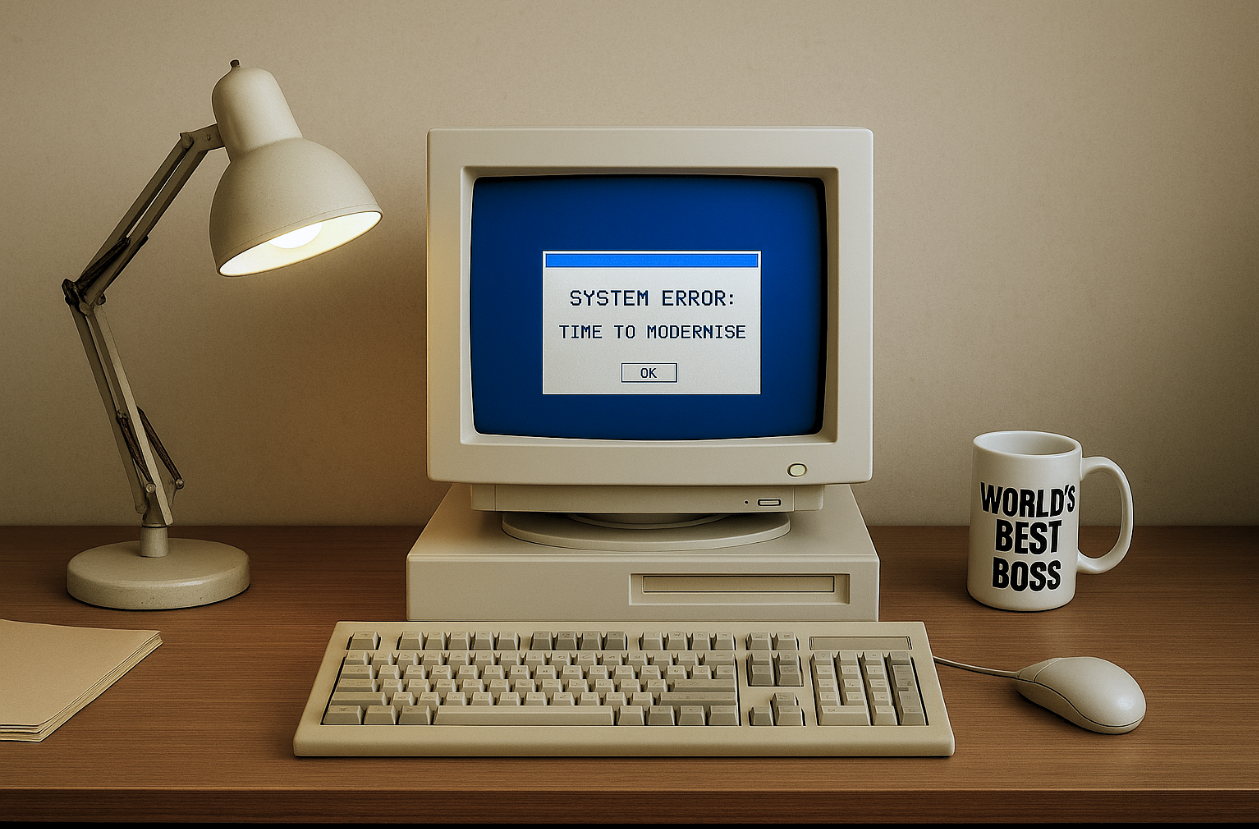 Retro computer with system error message, desk lamp, and 'World's Best Boss' mug on wooden desk