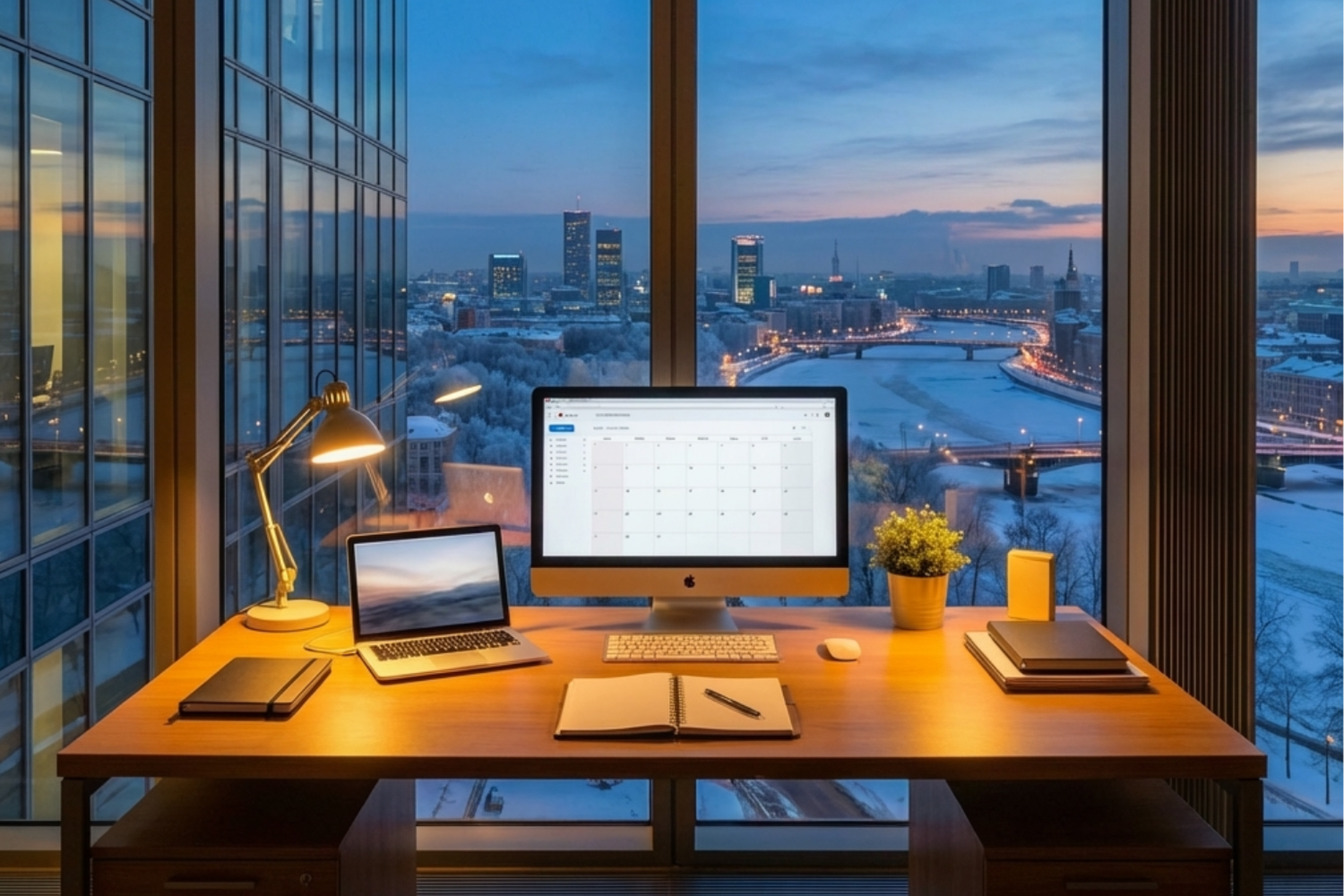 Modern office desk setup with laptop, monitor, and city view at dusk, ideal for productivity and remote work
