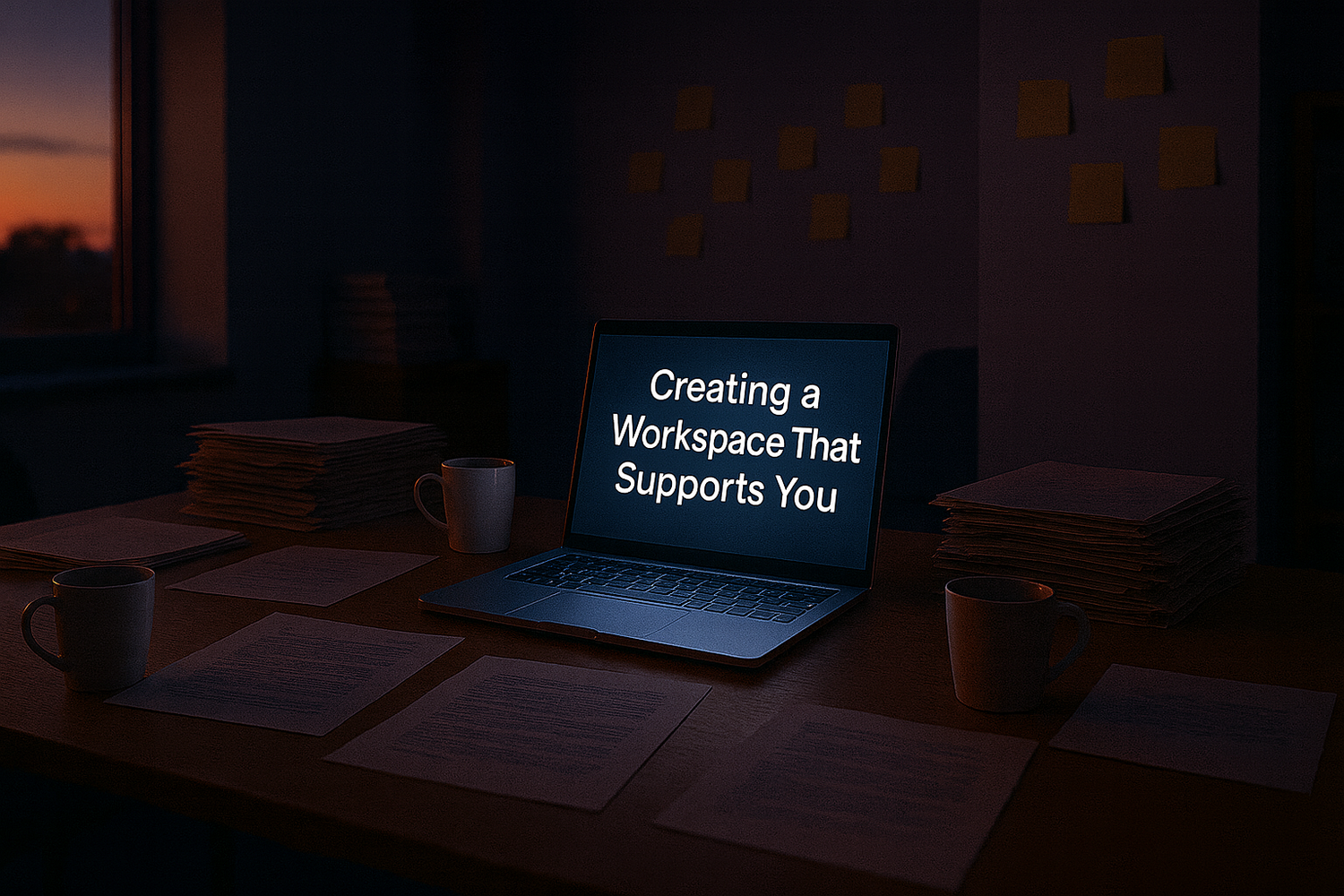 Laptop displaying 'Creating a Workspace That Supports You' on desk with papers and mugs, sunset view