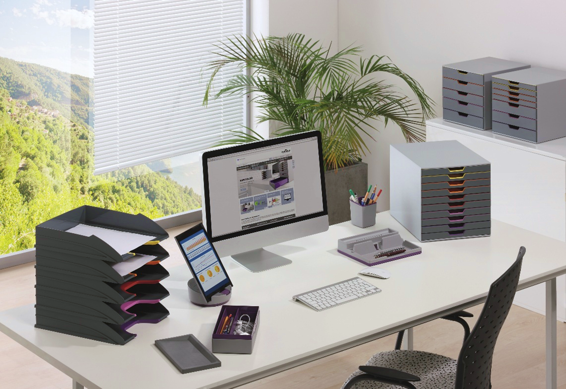 Modern office desk with file organizers, monitor, and storage drawers for efficient workspace organization