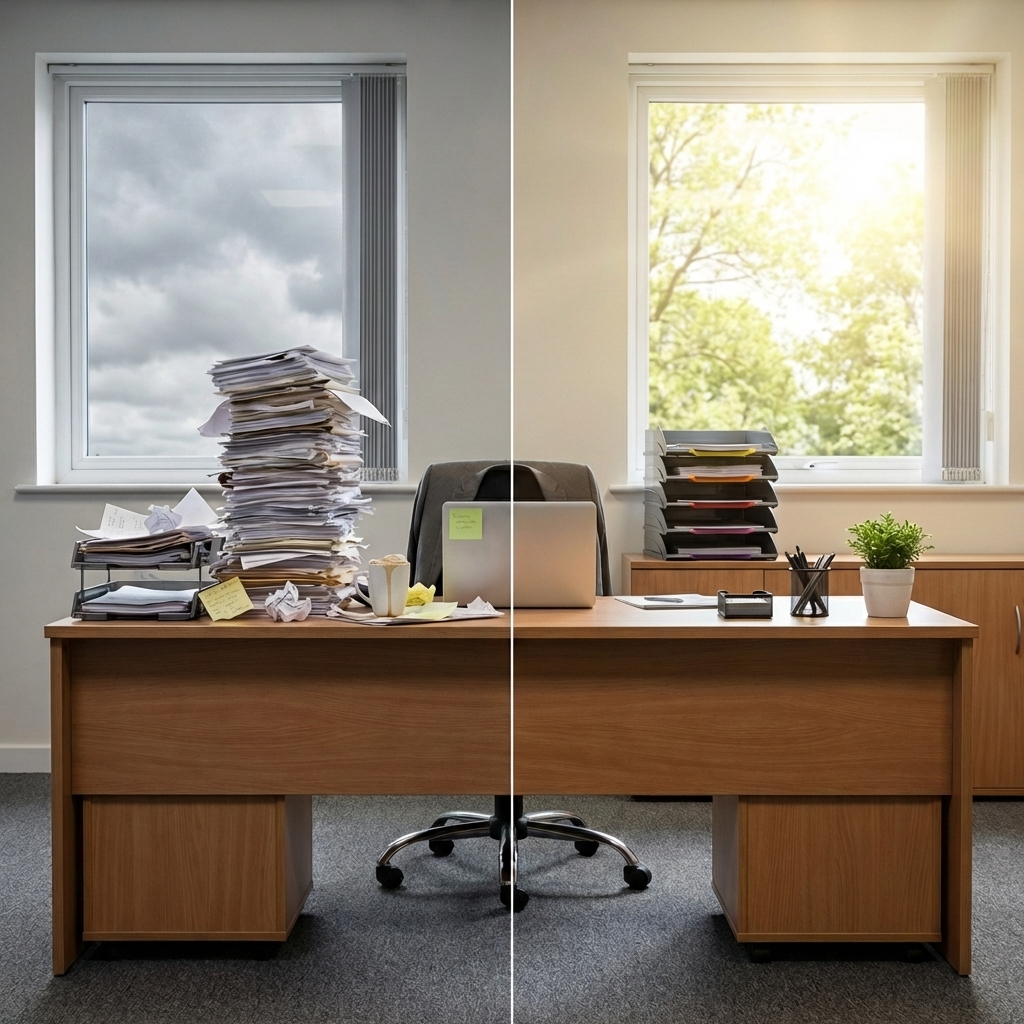 Before and after office desk organization with file trays, laptop, and plant near window