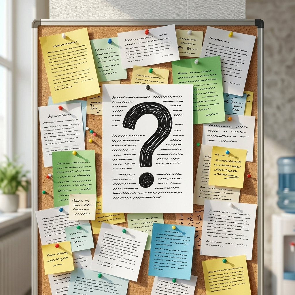 Corkboard with colorful sticky notes and large question mark, office organization tool