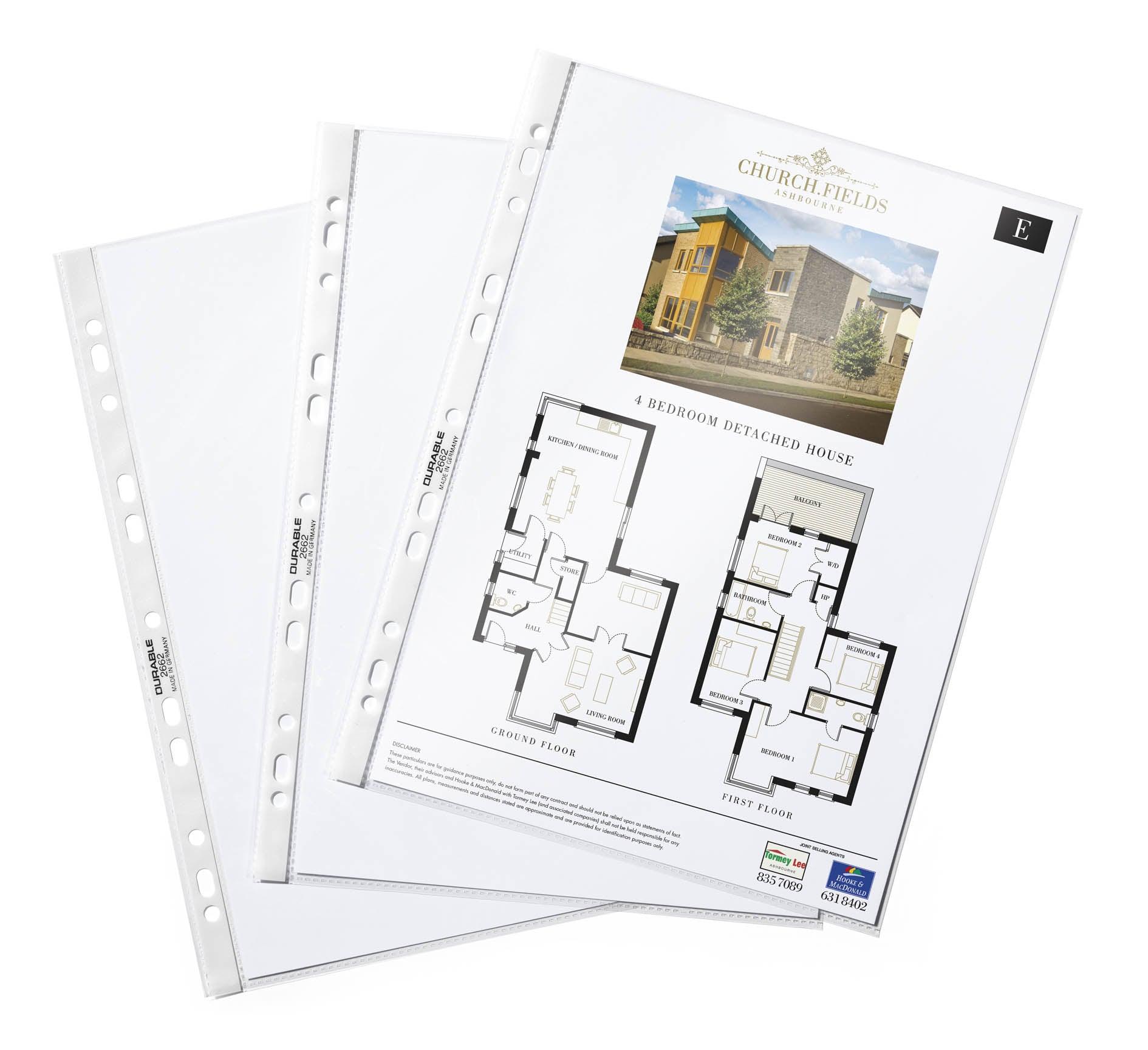 Durable A4 clear plastic document sleeves protecting house floor plan, ideal for office organization and presentations