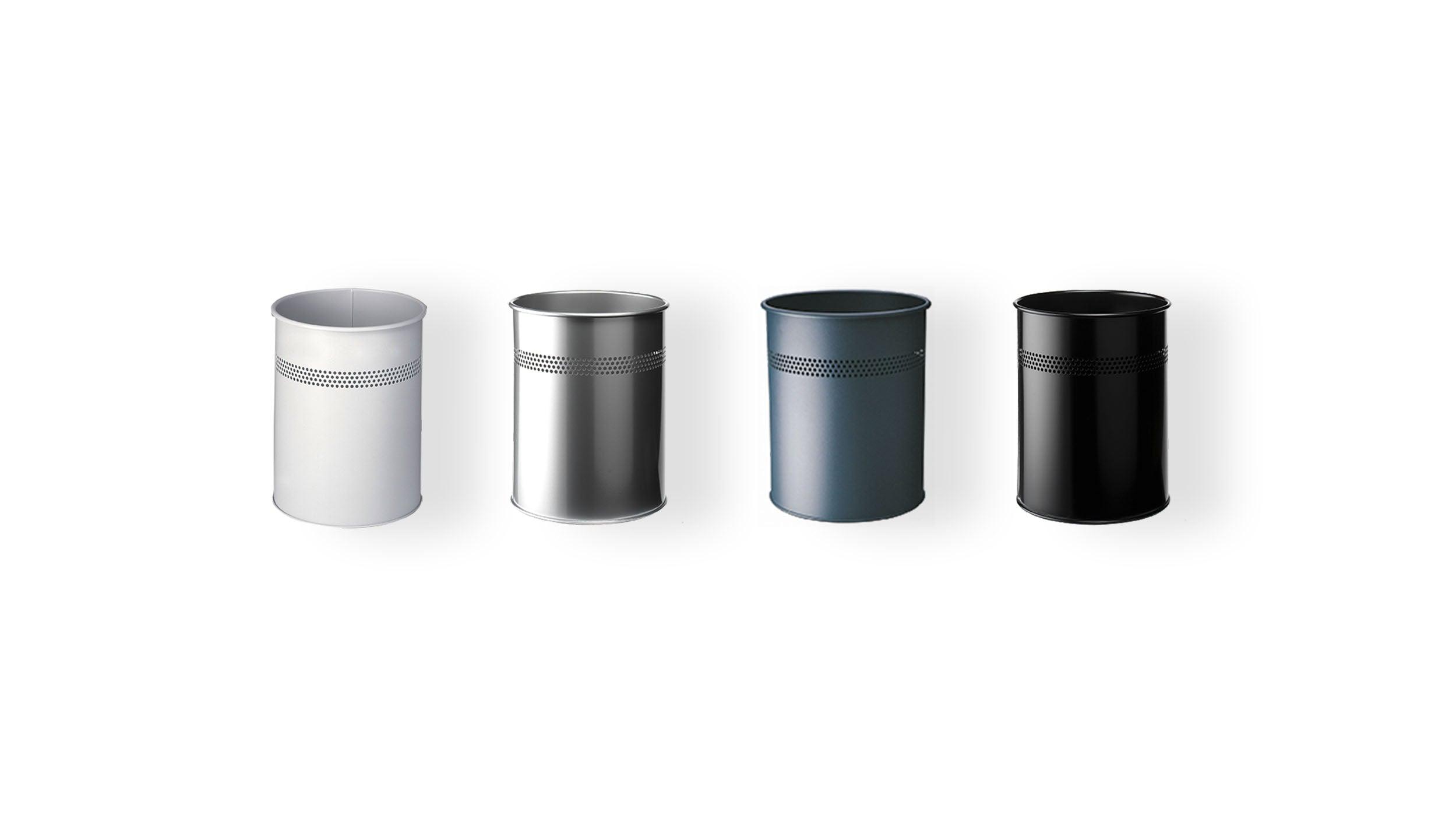 Four modern office wastebaskets in white, silver, gray, and black with perforated bands, ideal for desk or workspace use.