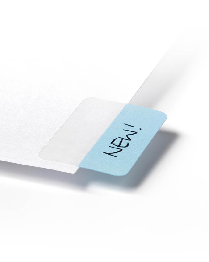 Light blue sticky note tab labeled NEW! on white paper, ideal for office organization and document marking