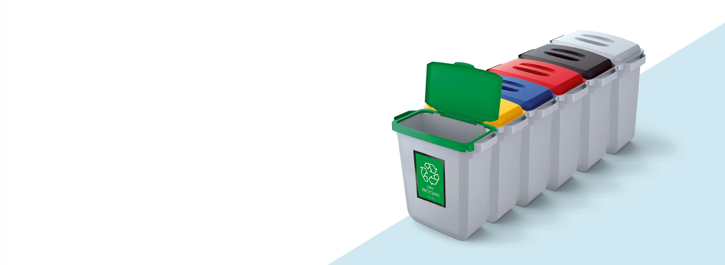 Color-coded recycling bins with green lid open, labeled 'Dry Recycling', ideal for office waste sorting and sustainability.