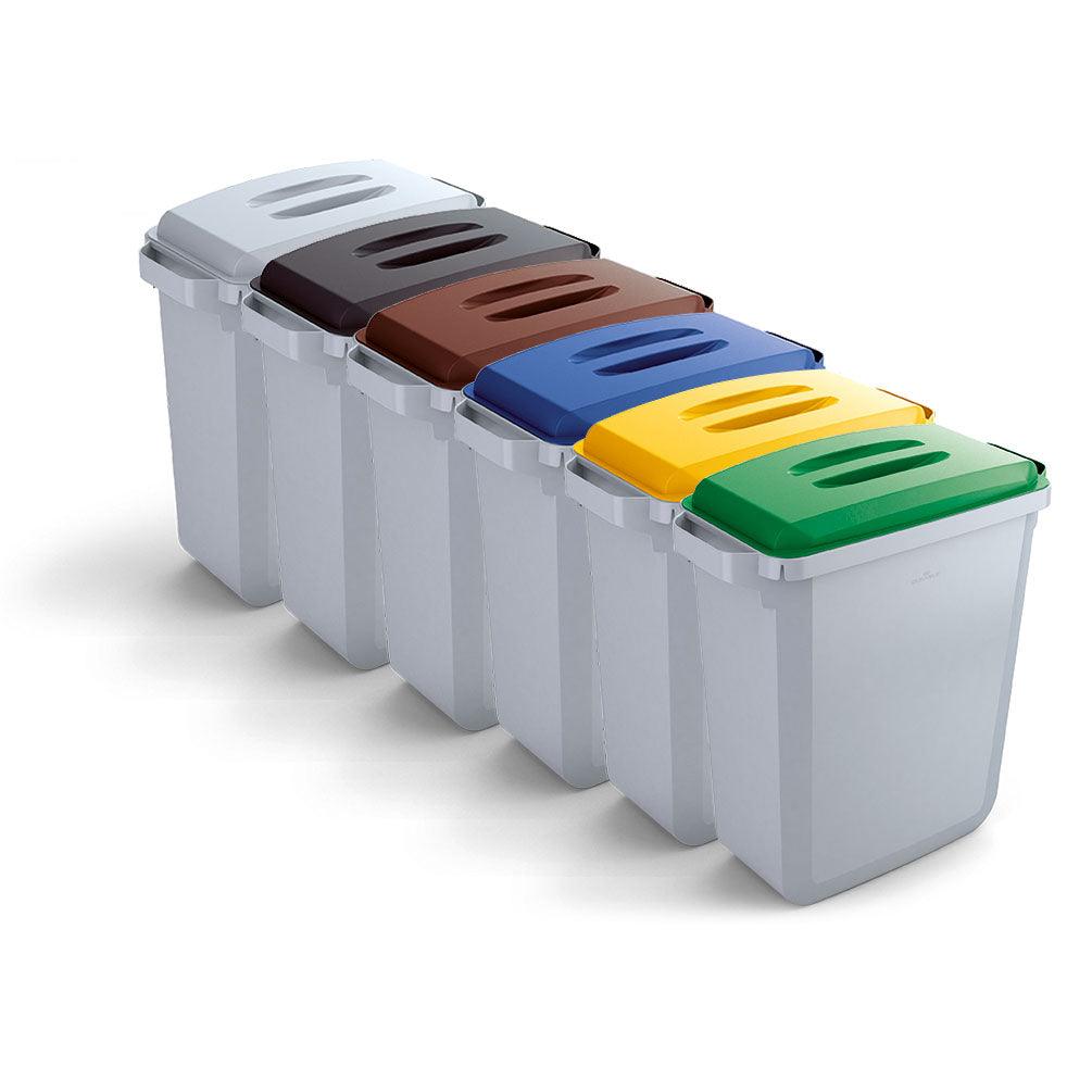 Set of six color-coded recycling bins with lids for office or home waste sorting