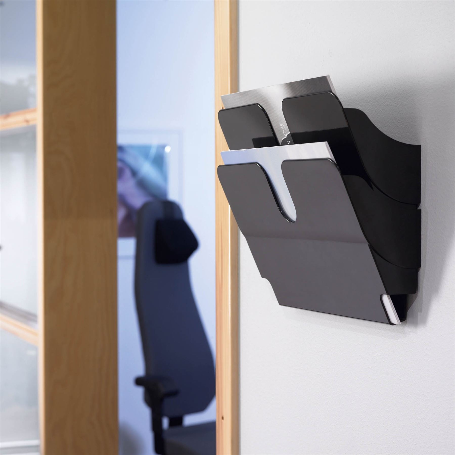 Durable FLEXIPLUS 2 Wall Mounted Literature Tray | A4 Landscape Holder | Black