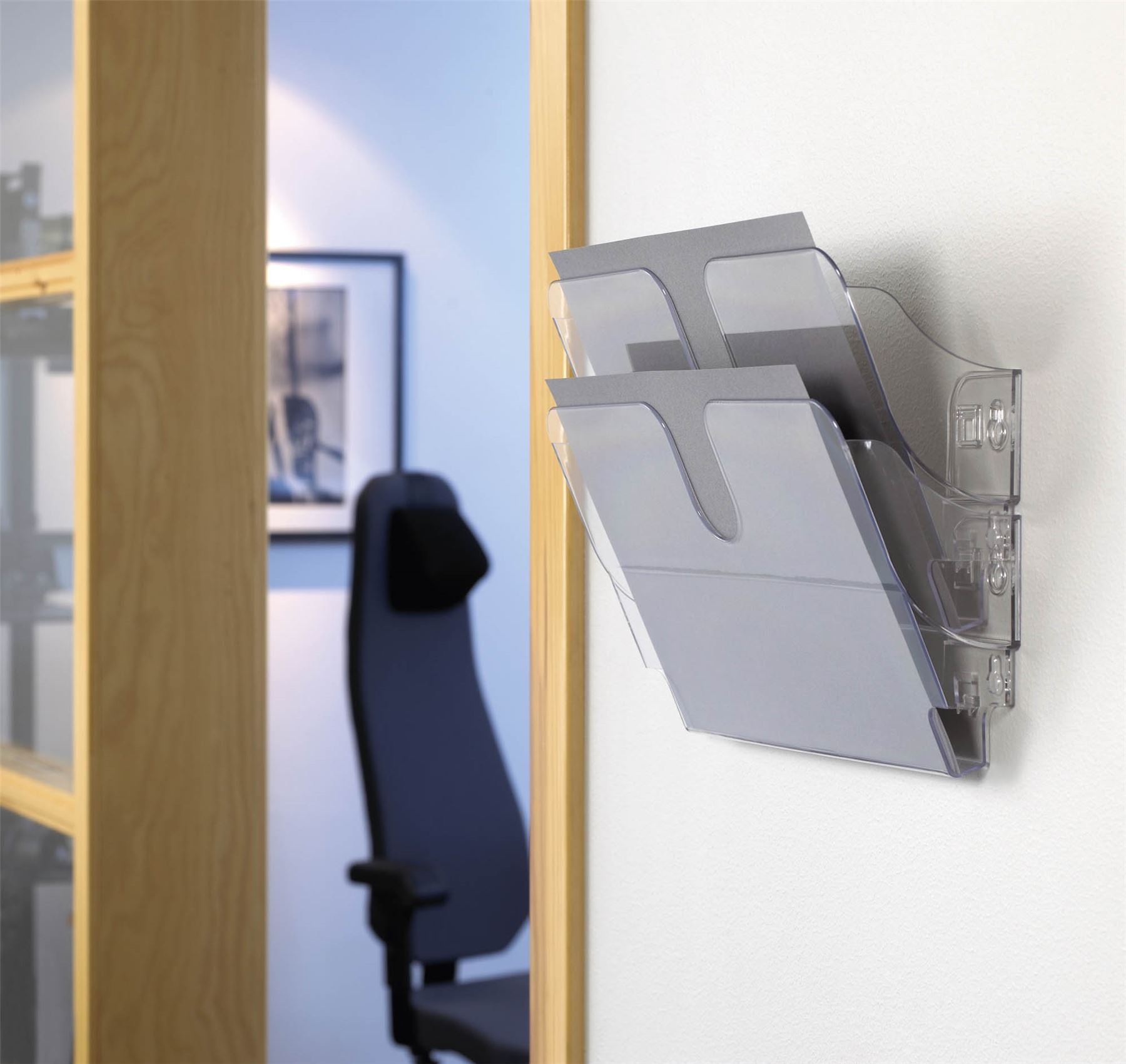 Durable FLEXIPLUS 2 Wall Mounted Literature Tray | A4 Landscape Holder | Clear