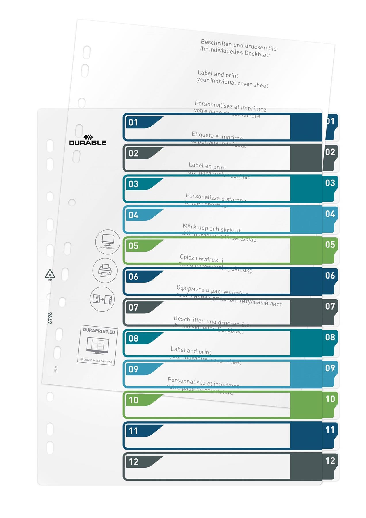 Durable 12 Part Numbered Tab Punched Index Dividers + Cover | A4+ | Colour Coded