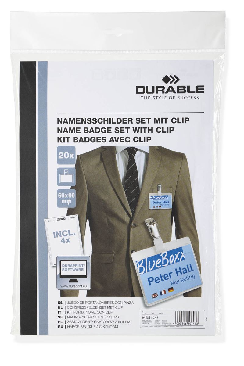 Durable Metal Clip Name Tag ID Badge Card Holder + Inserts | 20 Pack | 60 x 90mm