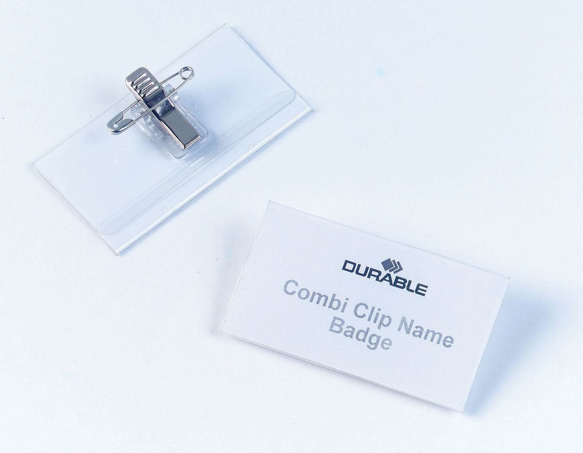 Durable Essential Clip & Pin Name Badge Holders + Inserts | 50 Pack | 54 x 90mm