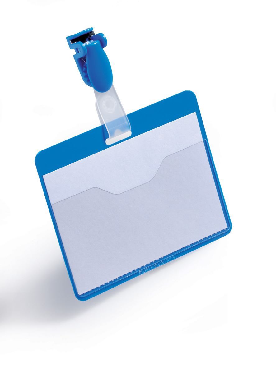 Durable Clip Name Tag ID Badge Card Holders + Inserts | 50 Pack | 54x90mm | Blue