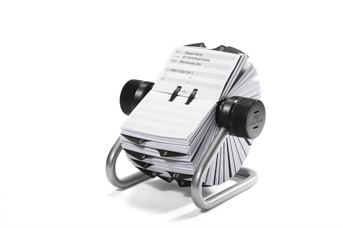 Durable TELINDEX Rotary Address Card Holder | 500 Cards & A-Z Index | Silver