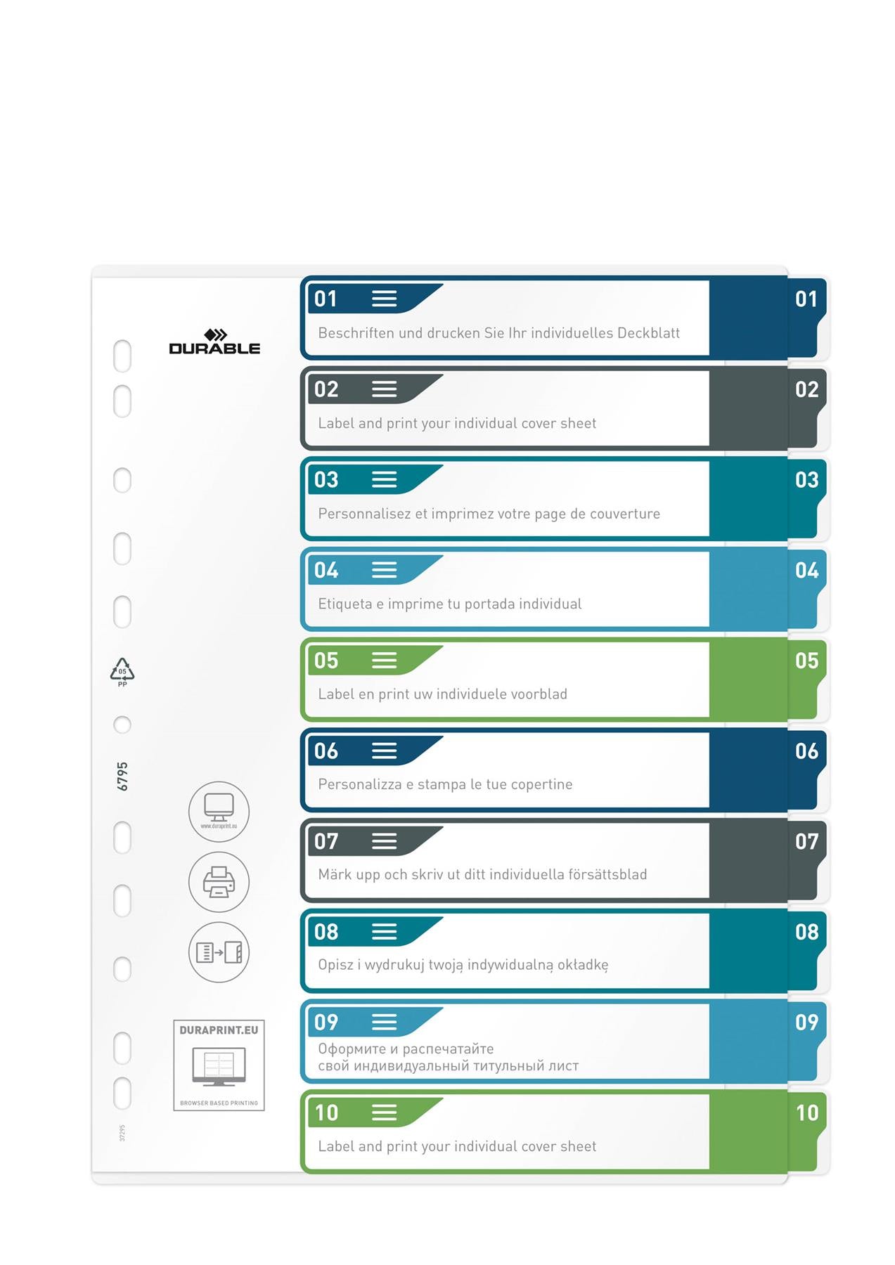 Durable 10 Part Numbered Tab Punched Index Dividers + Cover | A4+ | Colour Coded