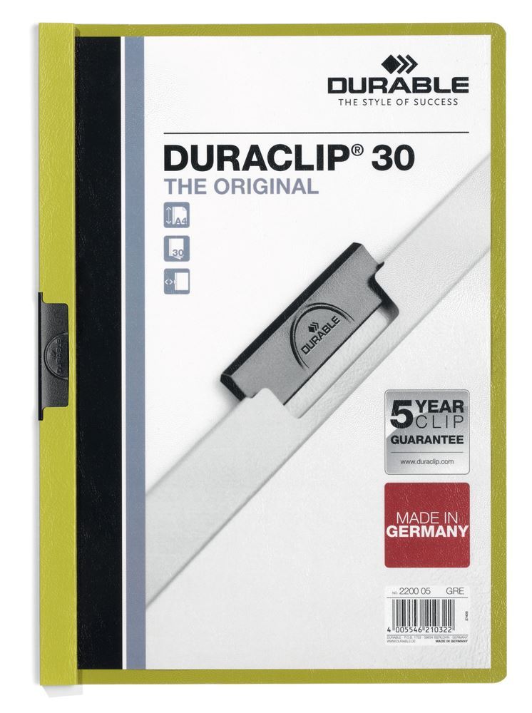 Durable DURACLIP 30 Sheet Document Metal Clip File Folder | 25 Pack | A4 Green