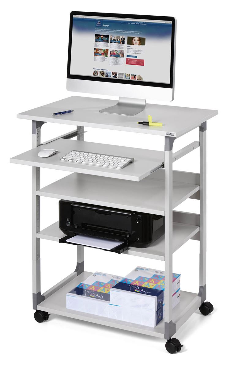 Durable Adjustable Mobile PC Computer Desk Workstation Trolley on Wheels | Grey