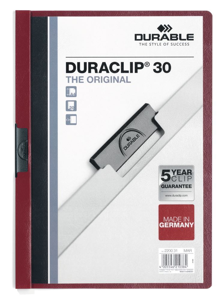 Durable DURACLIP 30 Sheet Document Clip File Folder | 25 Pack | A4 Dark Red