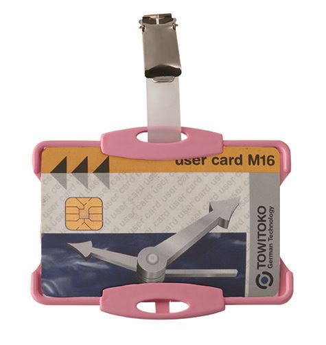 Durable Security Pass Plastic ID Badge Card Holders with Clip | 25 Pack | Pink