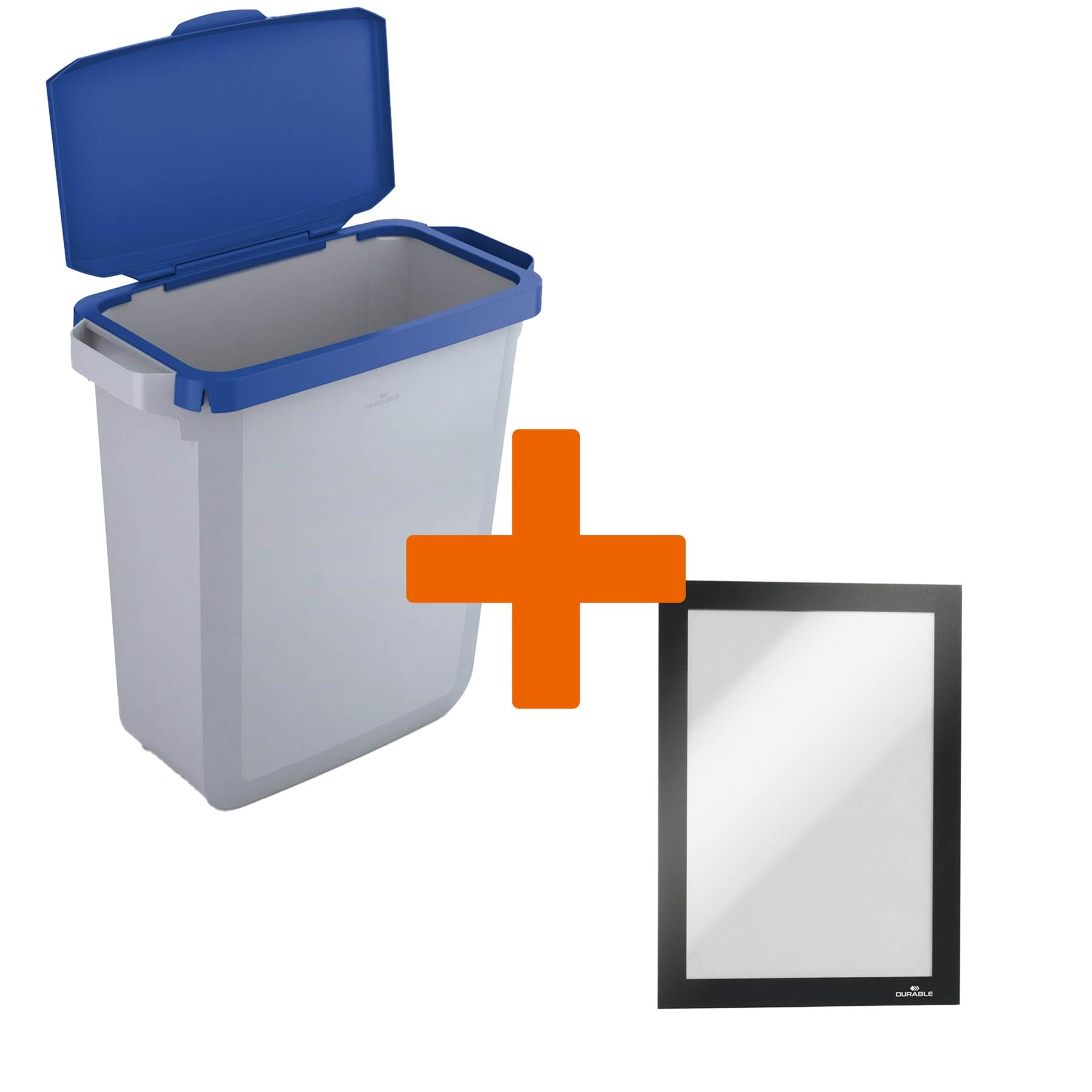 Durable DURABIN Grey Recycling Bin with Blue Hinged Lid + Black Duraframe | 60L