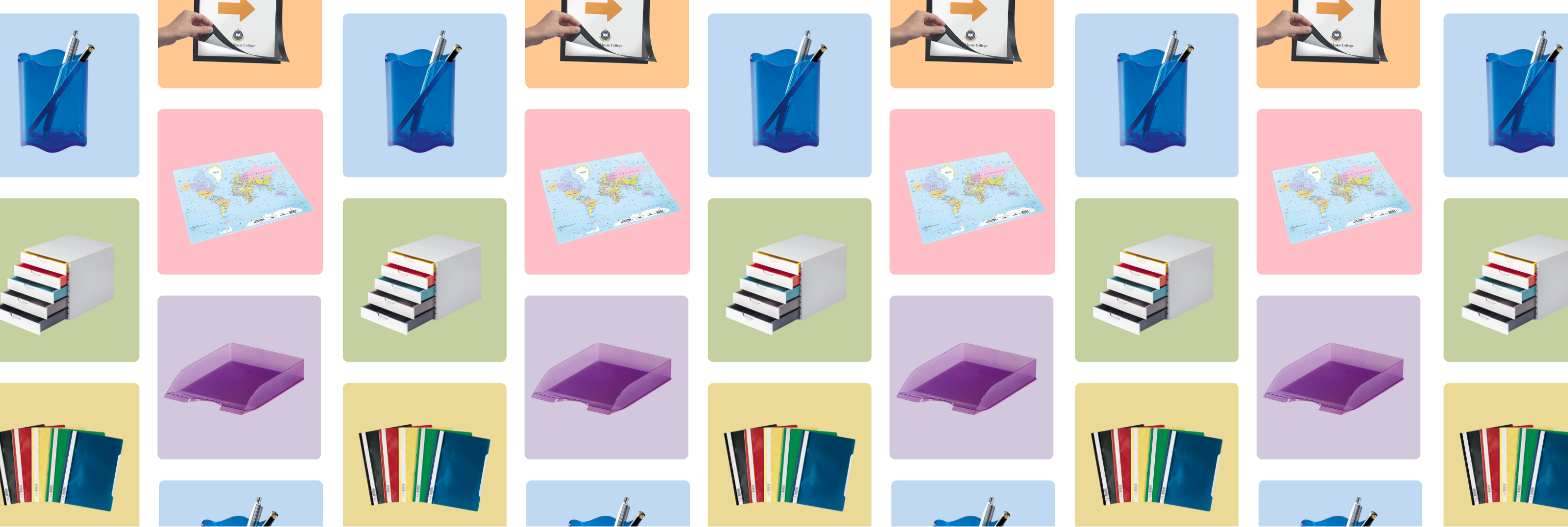 Pattern of colorful folders and books on a multicolored background