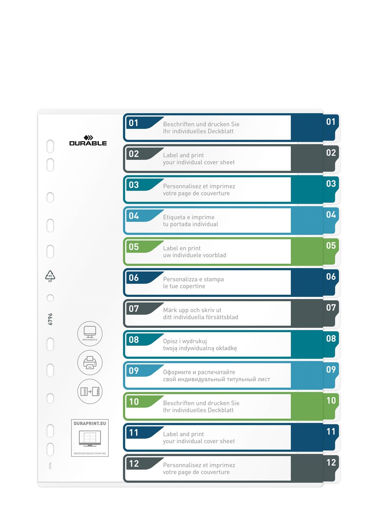 Durable 12 Part Numbered Tab Punched Index Dividers + Cover | A4+ | Colour Coded