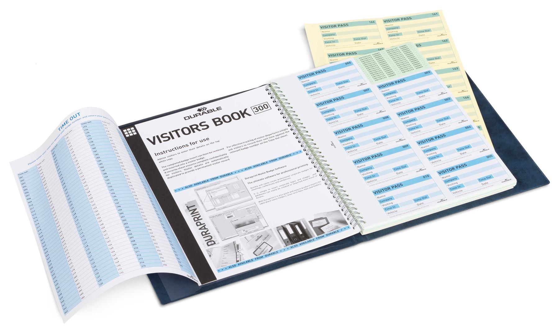 Durable PU Leather GDPR Visitor Book | 300 Name Badges & Security Sheet | Blue