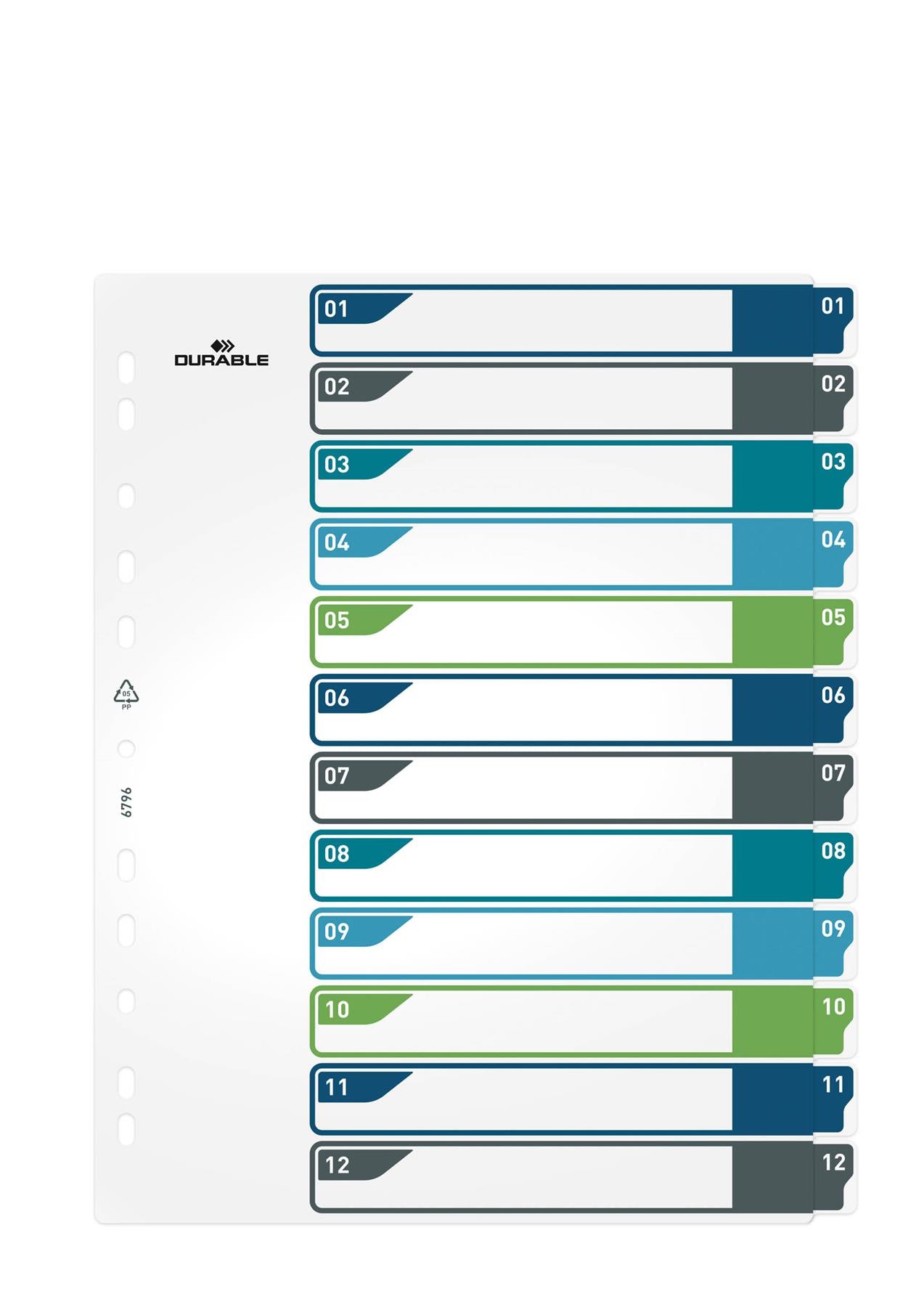 Durable 12 Part Numbered Tab Punched Index Dividers + Cover | A4+ | Colour Coded