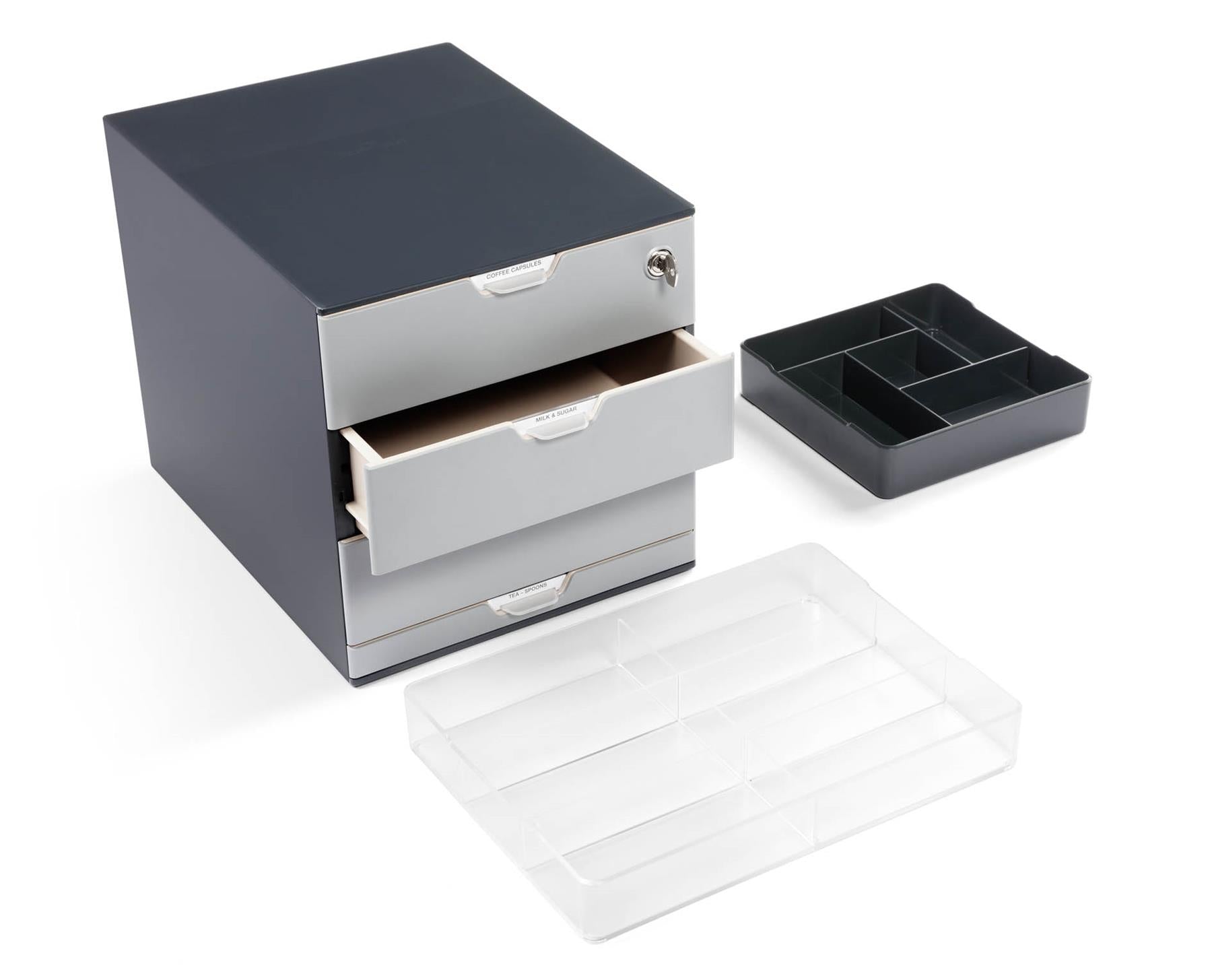 Durable COFFEE POINT Modular Lockable Storage Box 4 Drawer Organiser | Grey