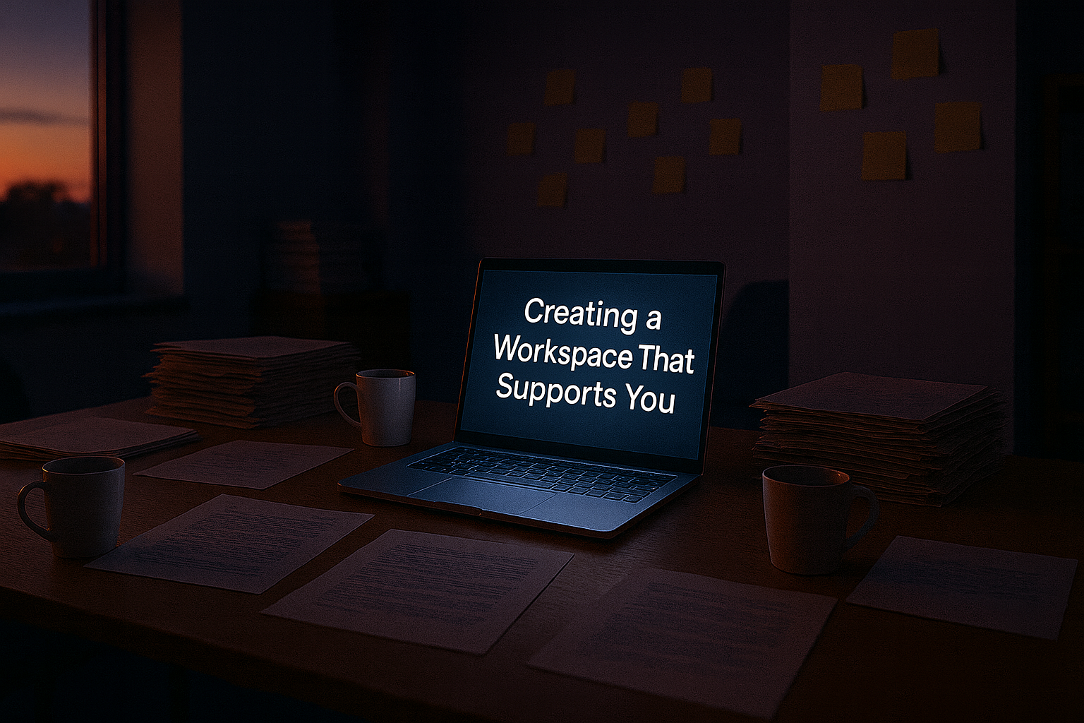 Laptop displaying 'Creating a Workspace That Supports You' on desk with papers and mugs, sunset view
