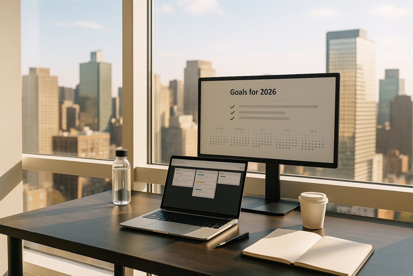 Modern office desk with laptop, monitor displaying 2026 goals, notebook, coffee cup, and city view