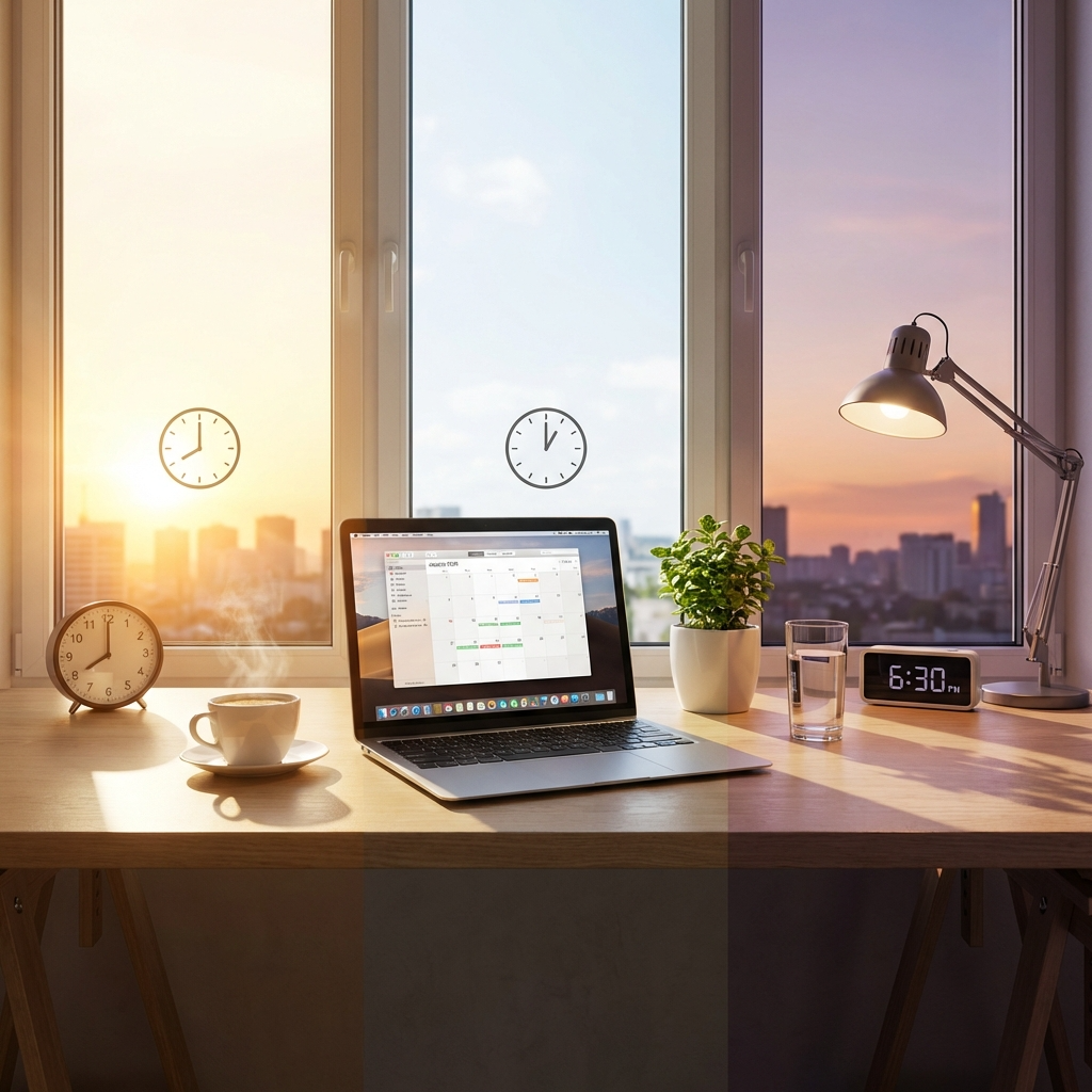 Laptop on wooden desk with calendar, coffee, plant, and city view at sunset for productive office work
