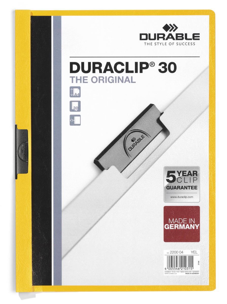 Durable DURACLIP 30 Sheet Document Metal Clip File Folder | 25 Pack | A4 Yellow
