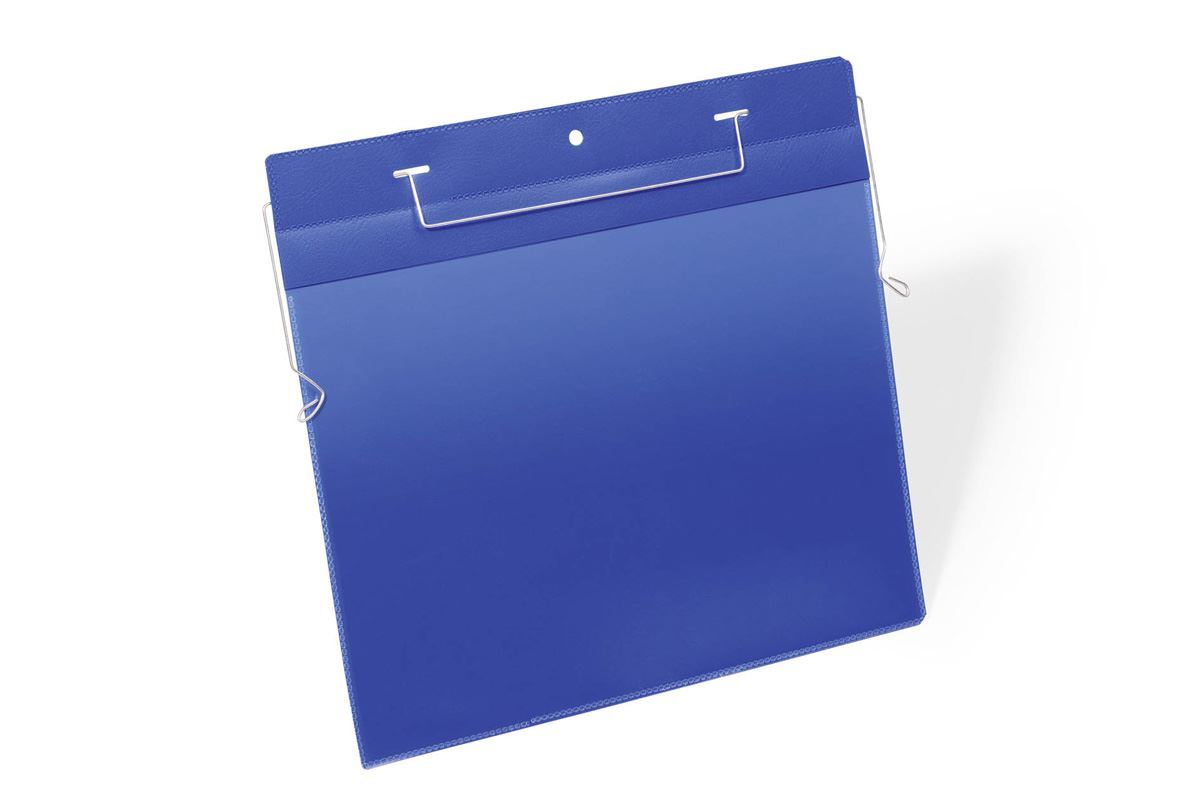 Durable Wire Hanger Ticket Holder Document Pocket Landscape | 50 Pack | A4 Blue