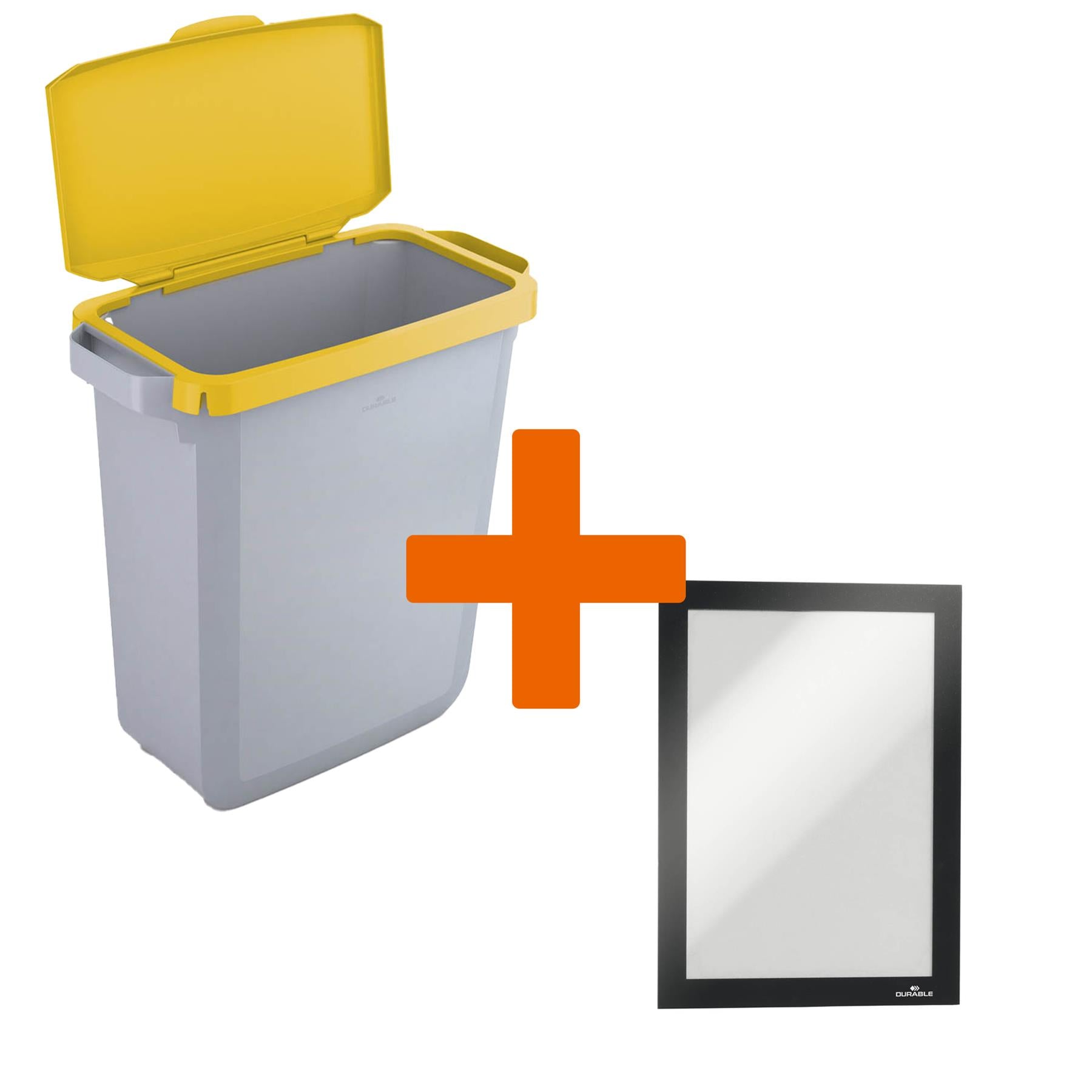 Durable DURABIN Grey Recycling Bin w/ Yellow Hinged Lid + Black Duraframe | 60L