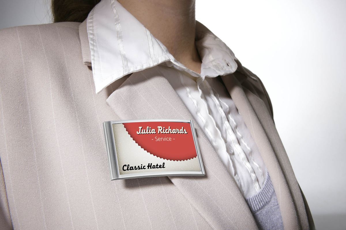 Durable Classic Clip & Pin Name Tag Badge Holder + Inserts | 10 Pack | 34 x 74mm