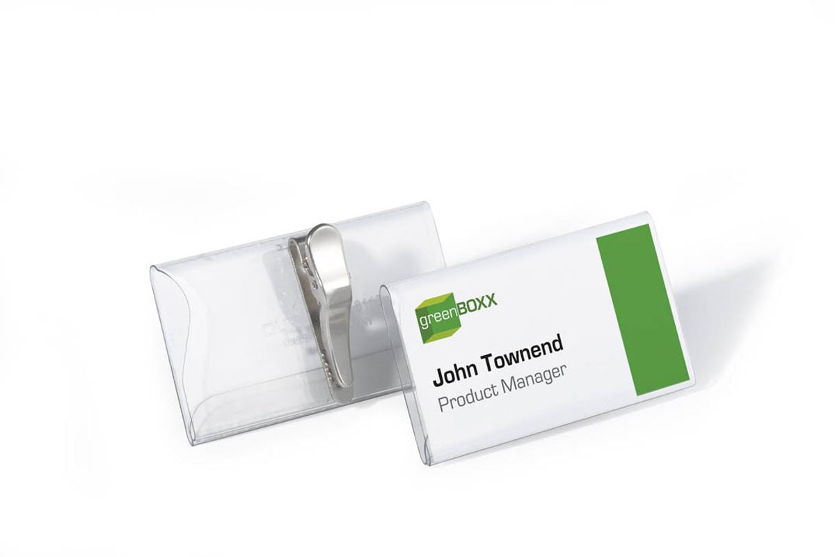 Durable Crocodile Clip Name Tag ID Badge Holders + Inserts | 25 Pack | 40 x 75mm