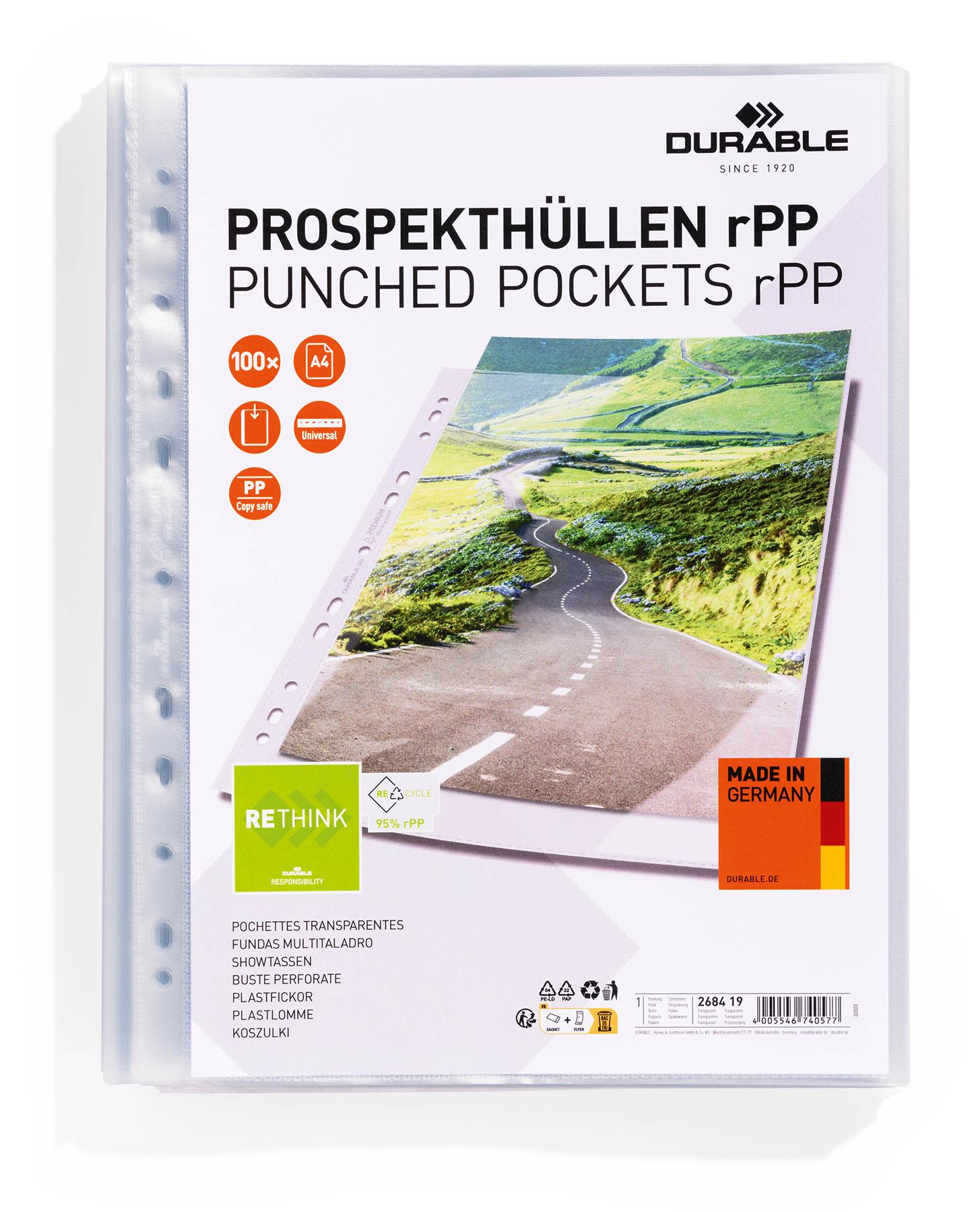 Durable Recycled Punched Pocket PREMIUM Sleeve Wallets | Box of 100 | A4 Clear