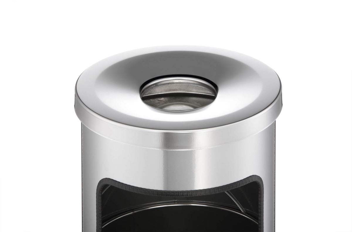 Durable Round Metal Waste Bin with Fire Extinguishing Ashtray | 17L | Silver