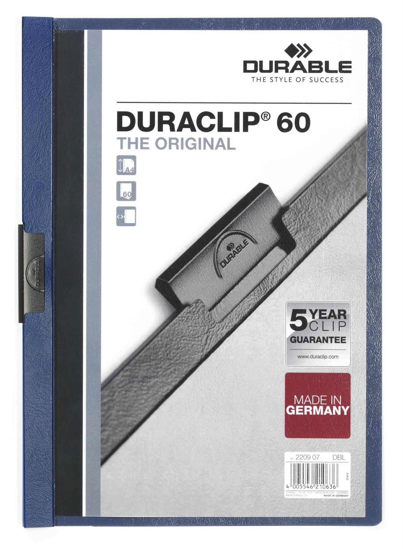 Durable DURACLIP 60 Sheet Document Metal Clip File Folder | 5 Pack | A4 Blue