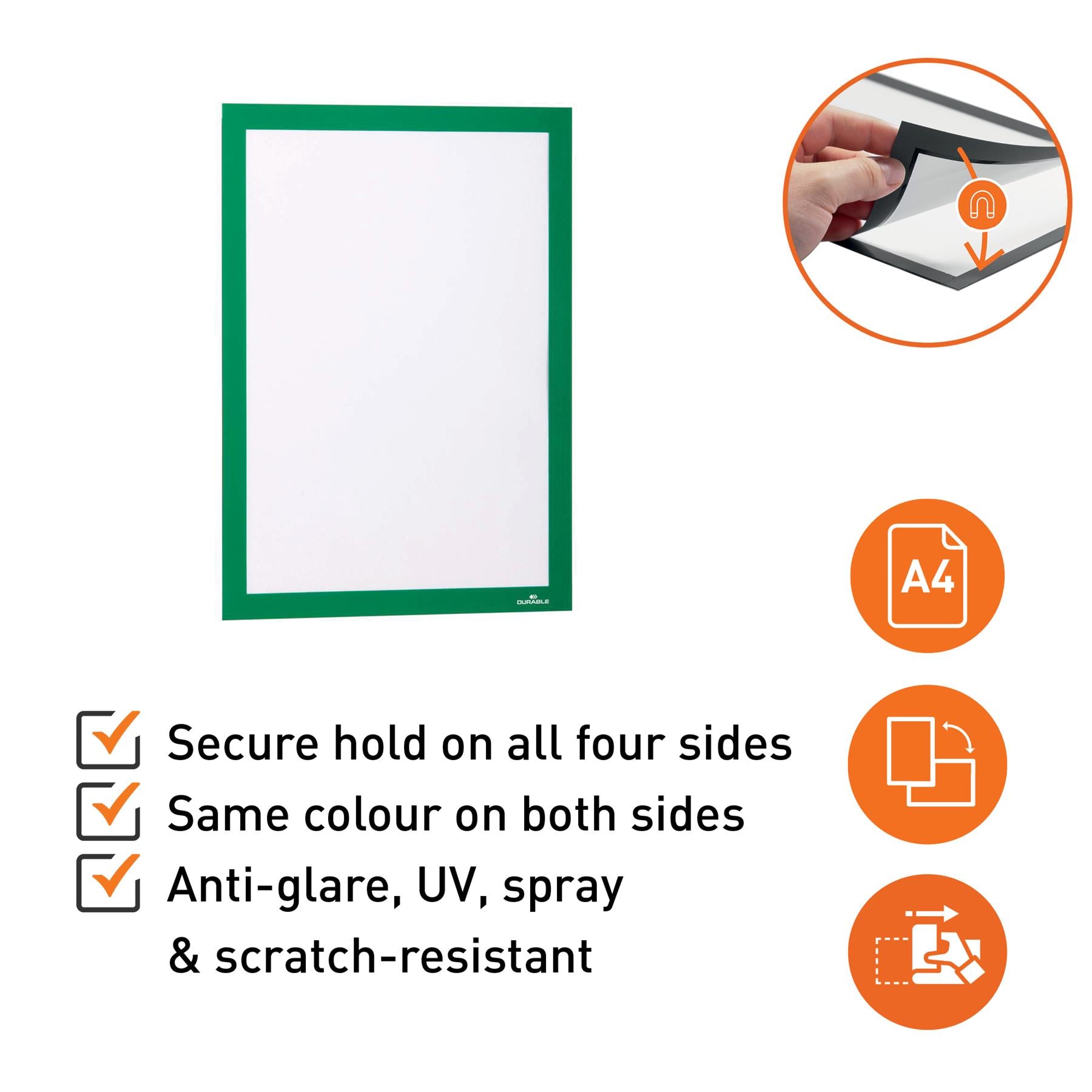 Durable DURAFRAME Self Adhesive Magnetic Signage Frame | 2 Pack | A4 Green