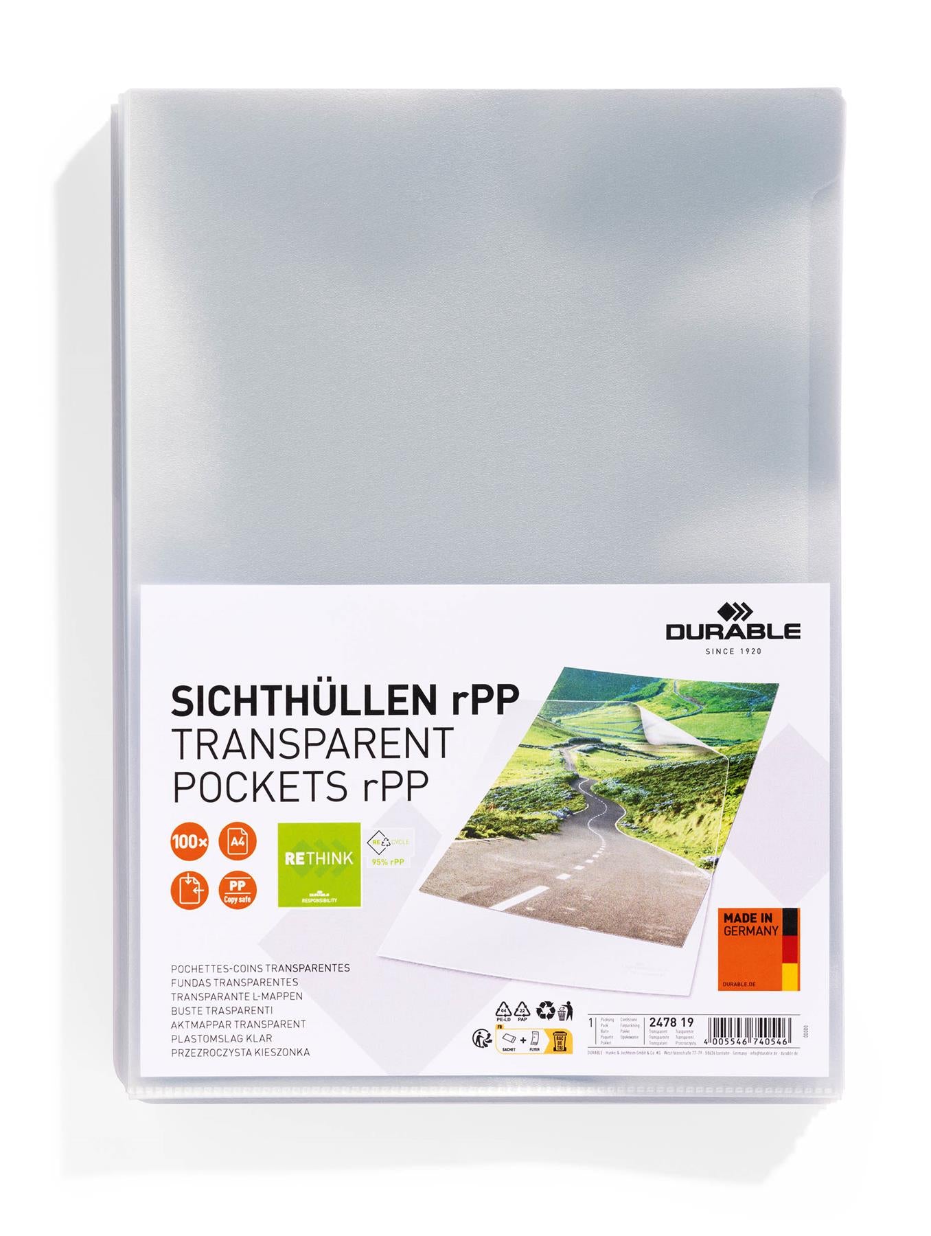 Durable Transparent Punched Pockets Sleeve Wallets rPP | 100 Pack | A4 Clear