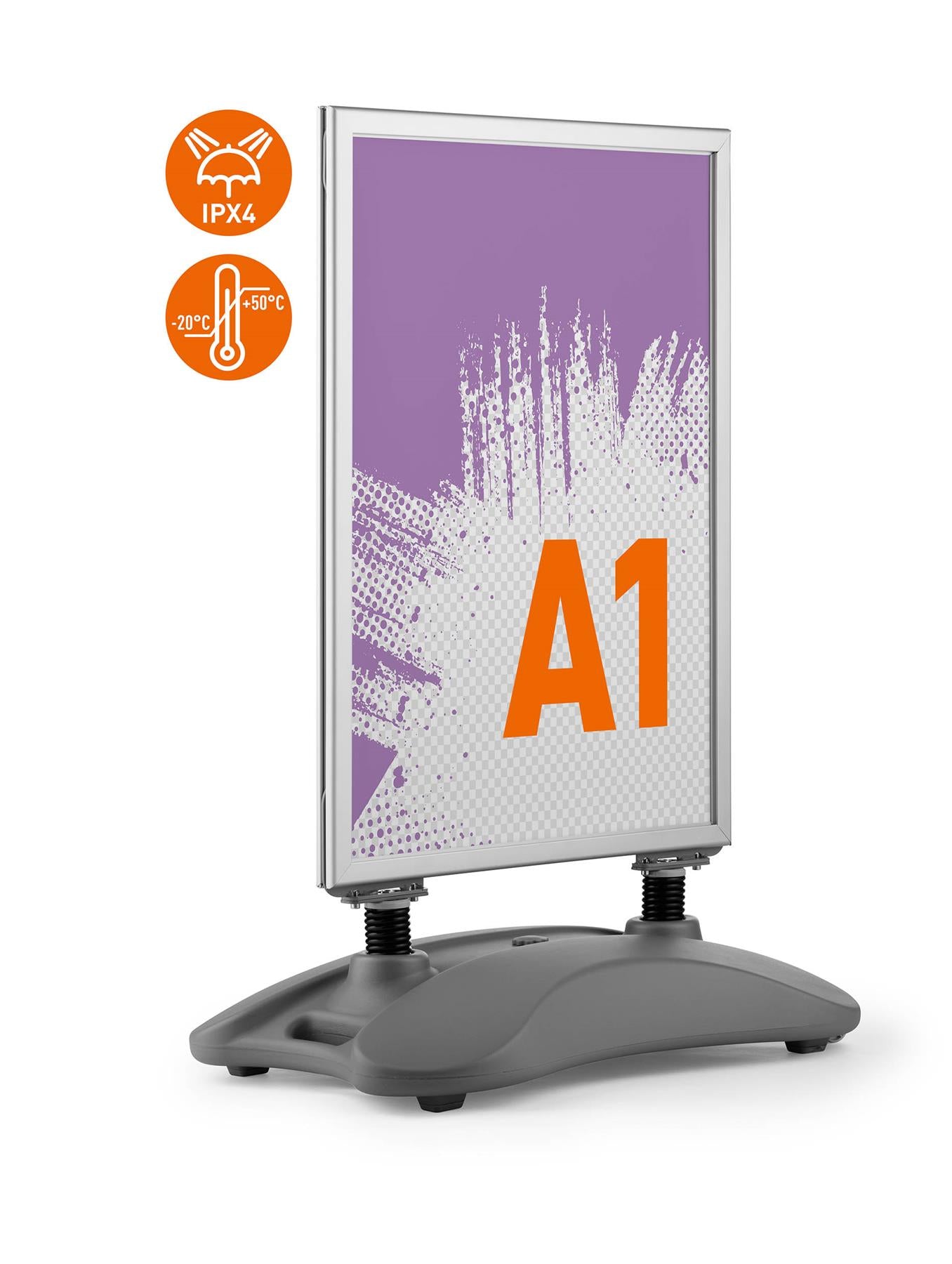 Durable Pavement Sign Heavy Water Base Double Sided Snap Frame Stand | A1 Silver