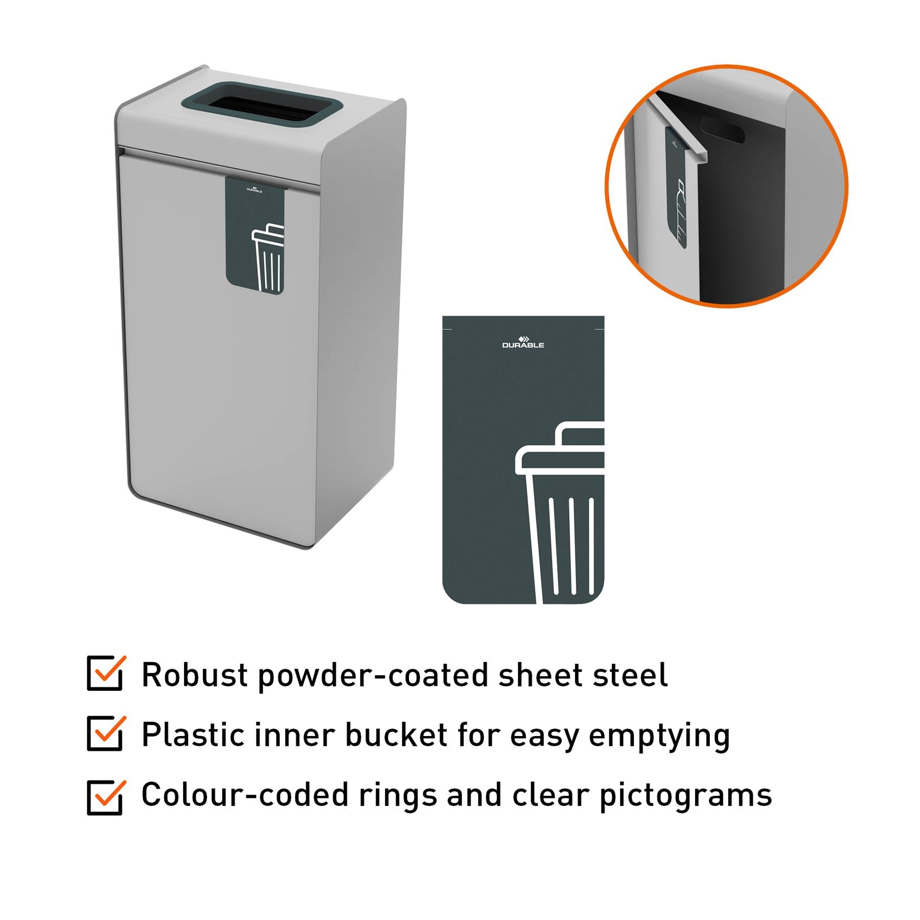 Durable 55L General Waste Bin | Sheet Steel Recycling Separation Bin | DURASORT®