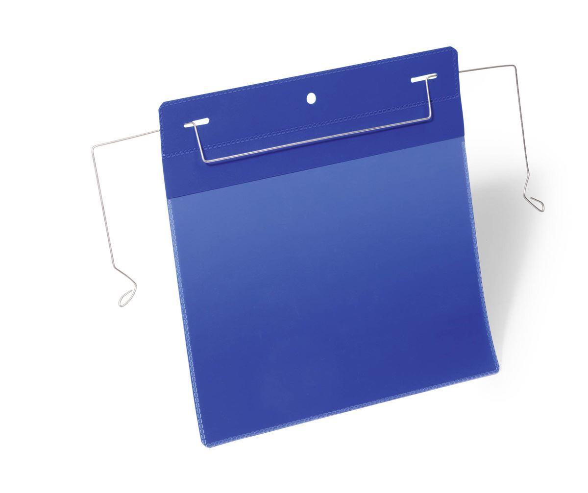Durable Wire Hanger Ticket Holder Document Pocket Landscape | 50 Pack | A5 Blue