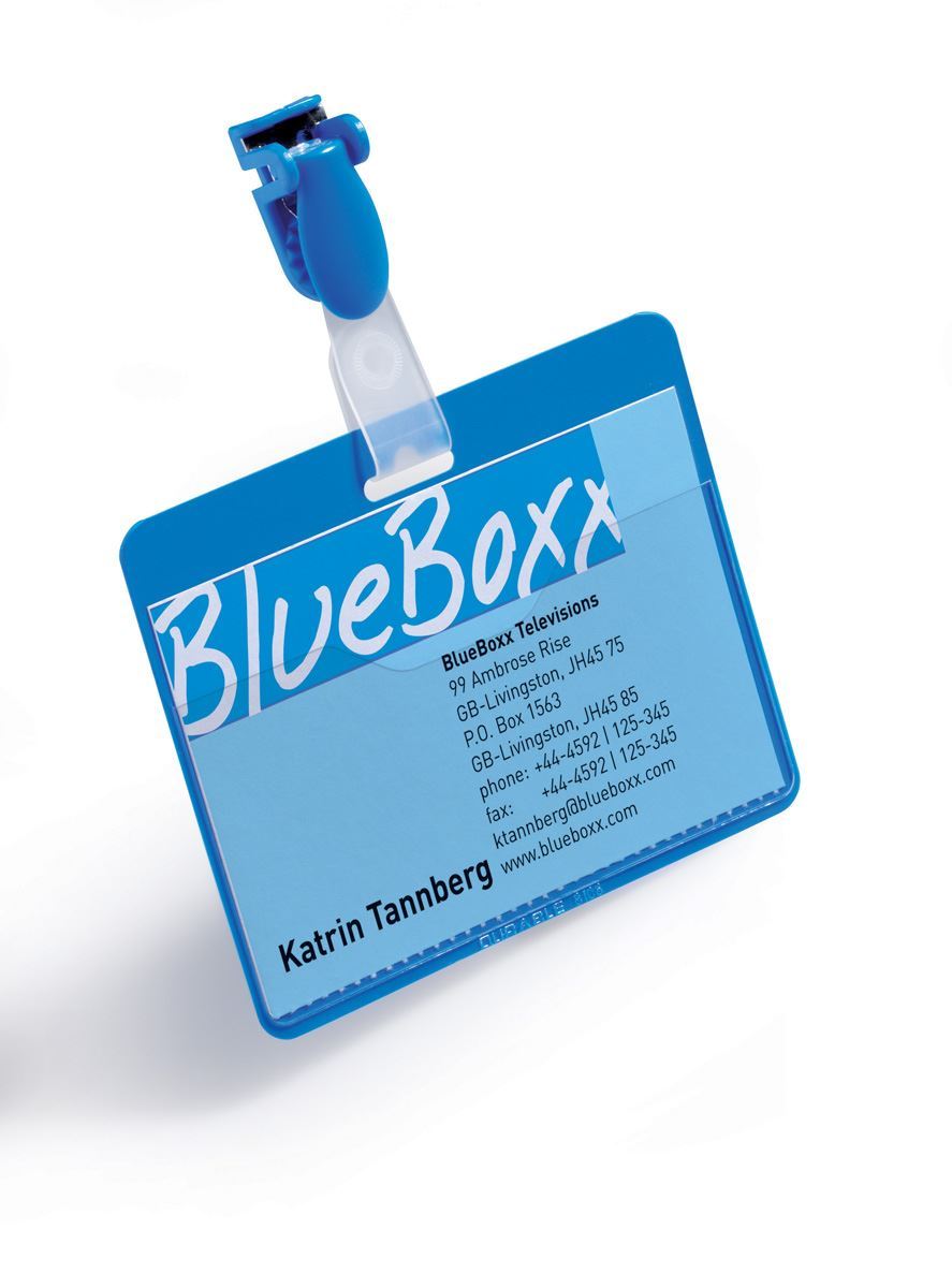 Durable Clip Name Tag ID Badge Card Holders + Inserts | 50 Pack | 54x90mm | Blue