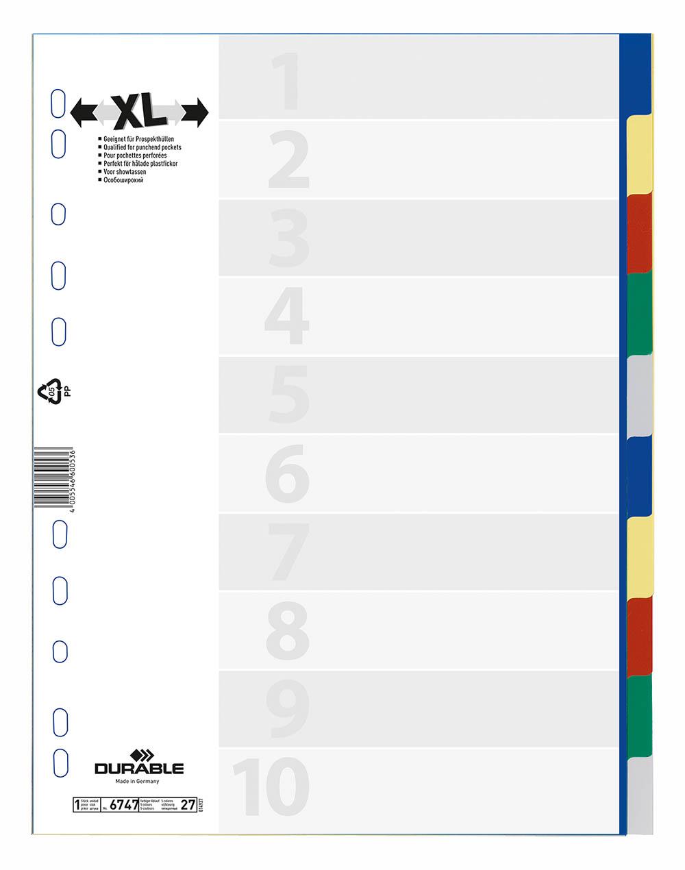 Durable 10 Part Coloured Tab Index Punched File Dividers | A4+