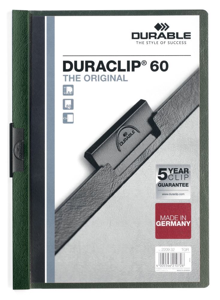 Durable DURACLIP 60 Sheet Document Clip File Folder | 25 Pack | A4 Dark Green