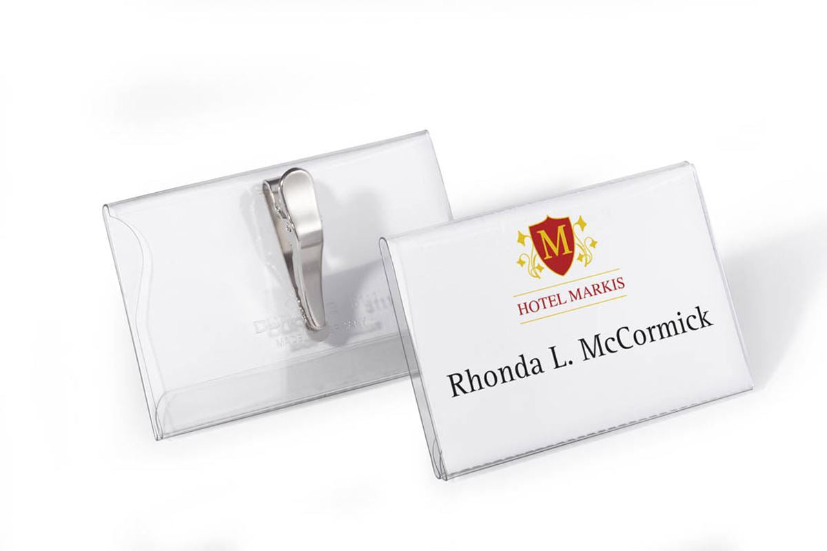 Durable Crocodile Clip Name Tag ID Badge Holders + Inserts | 25 Pack | 54 x 90mm