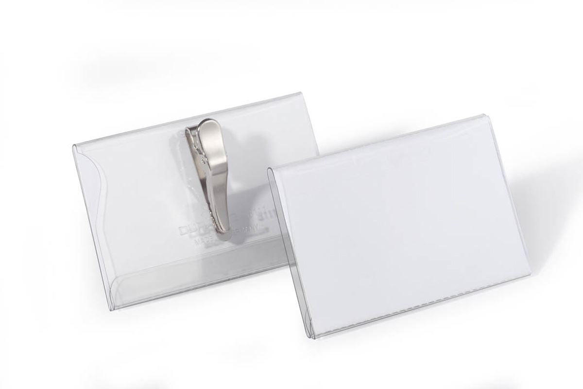 Durable Crocodile Clip Name Tag ID Badge Holders + Inserts | 25 Pack | 54 x 90mm